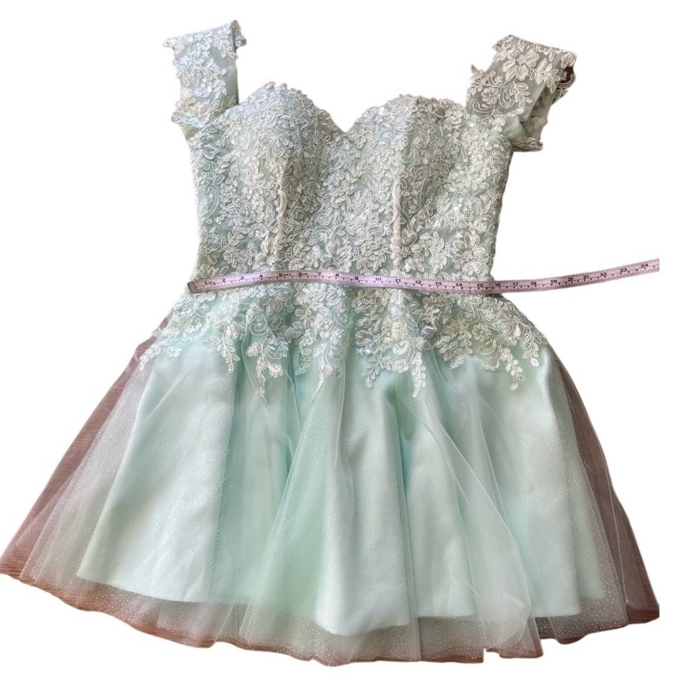 Lace Short Glitter Tulle Cold Shoulder Formal Prom Dress Size 10 Light Green.NWT - Picture 9 of 10